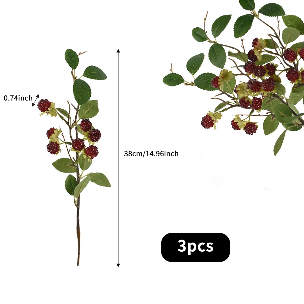 VIOCIWUO Artificial Raspberry Stem 3Pack, Simulated Raspberry Branch Lifelike Flowers Plant Berries for DIY Home Kitchen Wedding Party Decoration Photography Props(14.96Inch, Cherry Red)