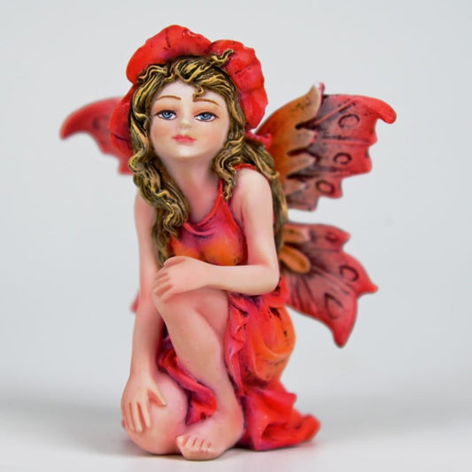 Fipcnbs Fantasy Red Autumn Fairy Figurine, 3.15 Inch Flower Hat Elf Statue, Hand-Painted Gradient Resin Decor with Textured Wings for Fall Garden, Desk, Plant Pot