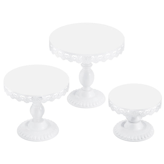 VMFKPNR 3 PCS White Cake Stands (8"&10"&12" Plate), Cupcake Stand with a lace Hollow Border Metal Cake Stand Set for Birthday Party, Wedding, Anniversary, Baby Shower