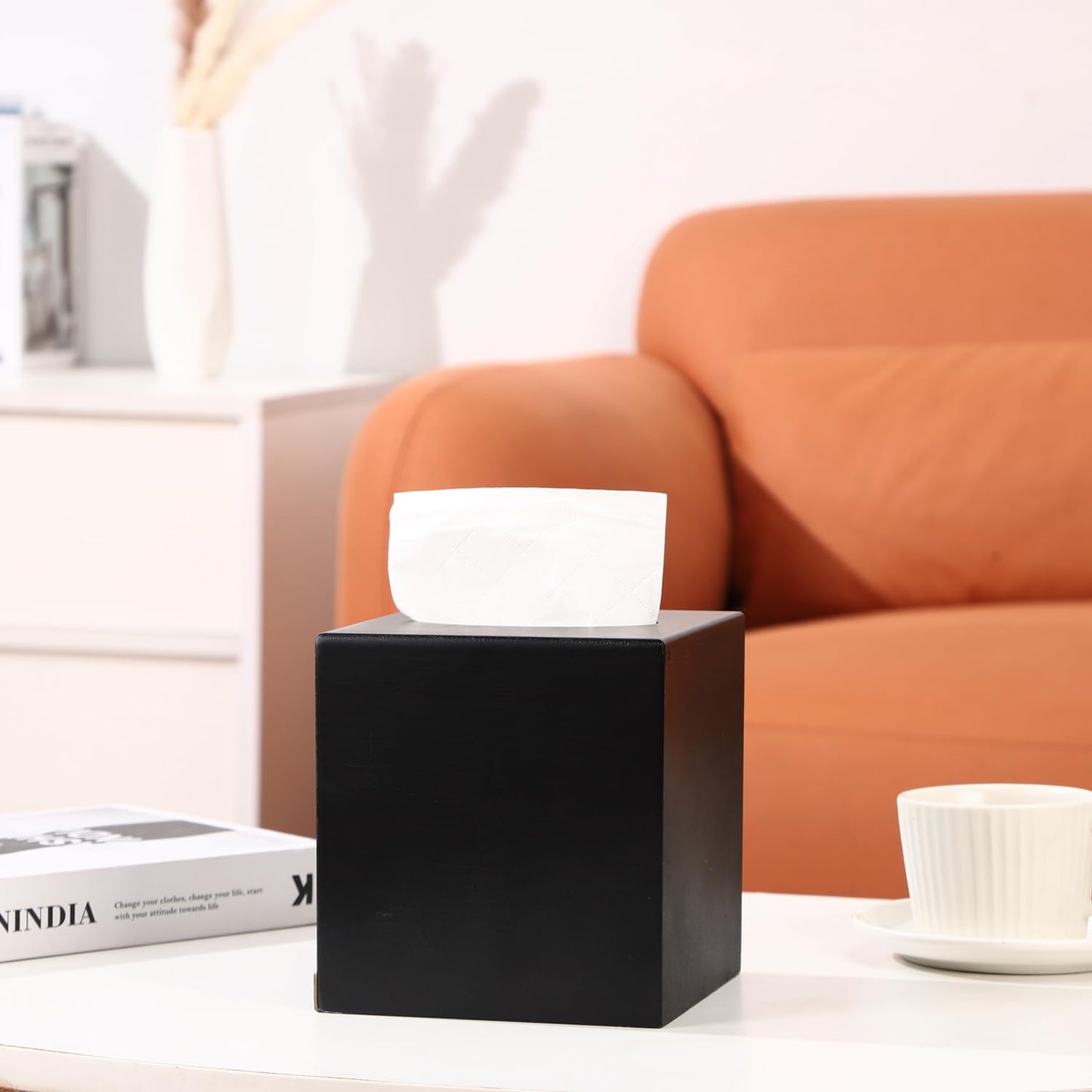 CATORY Tissue Box Cover Square,Wooden Tissue Box Holder,Cube Tissue Box Cover with Slide-Out Bottom,Decorative Tissue Box Holder Covers Your Tissues for Bathroom,Living Room,Office-Black, TBC04B