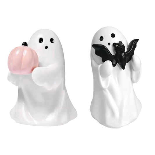 WGXIA Ghost Figurine Decor - 2Packs Small Halloween Ghost Statue for Home Decorative - Cute Mini Spooky Ghosts Pink Halloween Decor for Desk Office Table Centerpieces Ornament (White - Set of 2)