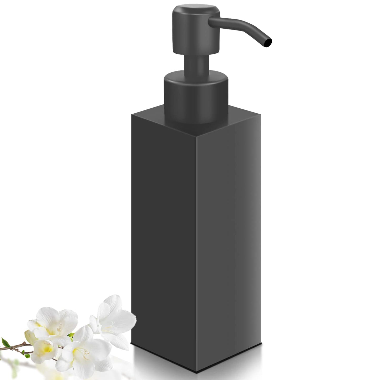 GLUBEE Black Soap Dispenser, Matte Black Stainless Steel, Rust-Proof Liquid Hand Dish Dispenser for Bathroom & Kitchen, 8.5 Oz Refillable Countertop Lotion Bottle (Square)