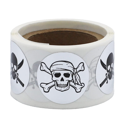 Silver Skull and Crossbones Stickers - 3/4 Inch Round, 100 Metallic Labels Per Roll for Packaging, Crafts, Halloween, and Themed Decorations - Made in the USA