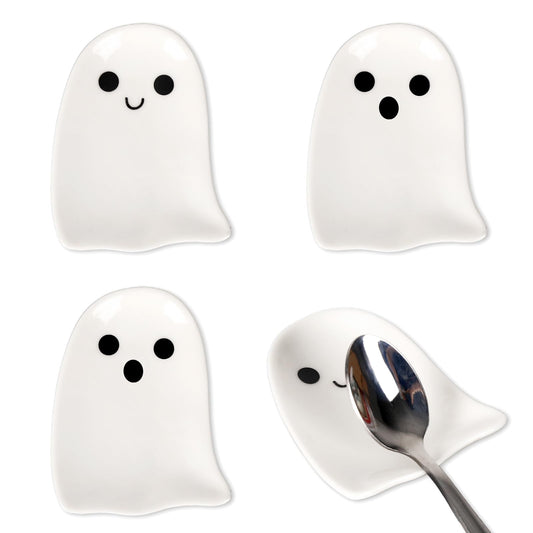 Whaline 4Pcs 2.8inch Mini Ceramic Spoon Rests White Ghost Small Coffee Spoon Holder for Halloween Coffee Stirrers Teaspoon Bar Spoon Coffee Station Bar Accessories