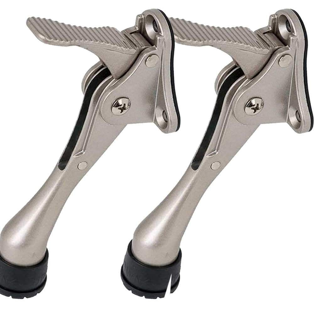 One Touch Kickdown Door Stopper, Door Holder, Heavy Duty Door Stops, Bottom of Door, Height-Adjustable Rubber Tips by HASHI (Satin Nickel 4 inch x 2pack)