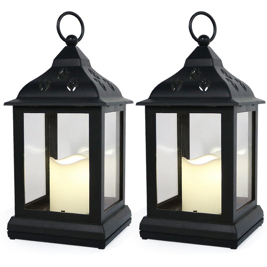 Bright Zeal 2-Pack 9.5" Vintage Decorative Candle Lantern with LED Flickering Flameless Candle (Black, 8hr Timer) - Indoor Hanging Lanterns Decorative Lanterns Battery Powered LED Candle Timer Candle