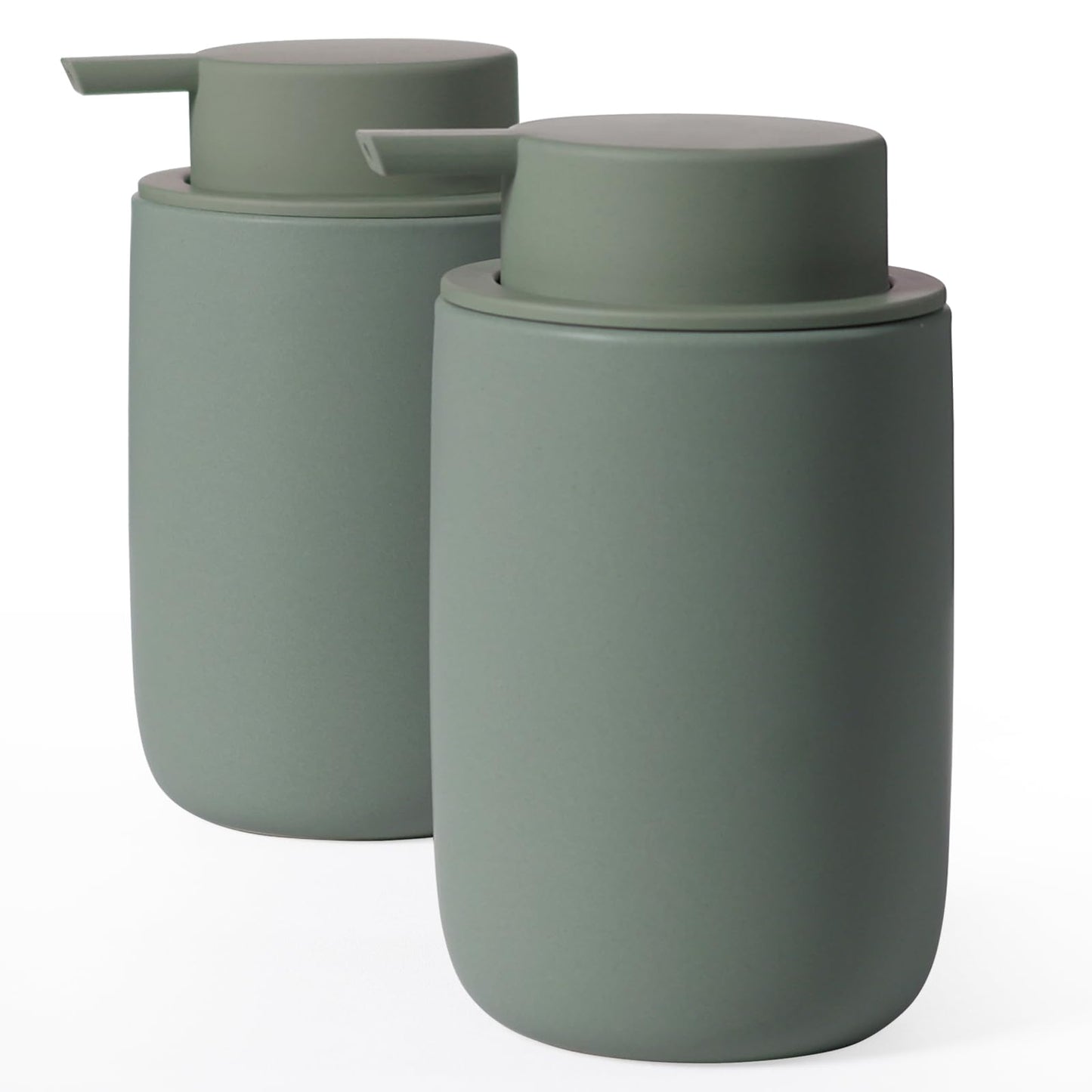 INGOFIN Ceramic Lotion Soap Dispenser Set, 2 Pack (12 oz) Bathroom Hand Soap Dispenser with Pump, Liquid Hand and Dish Soap Dispenser Set, 8 Pcs Clear Stickers, for Kitchen Bathroom-Matte Green