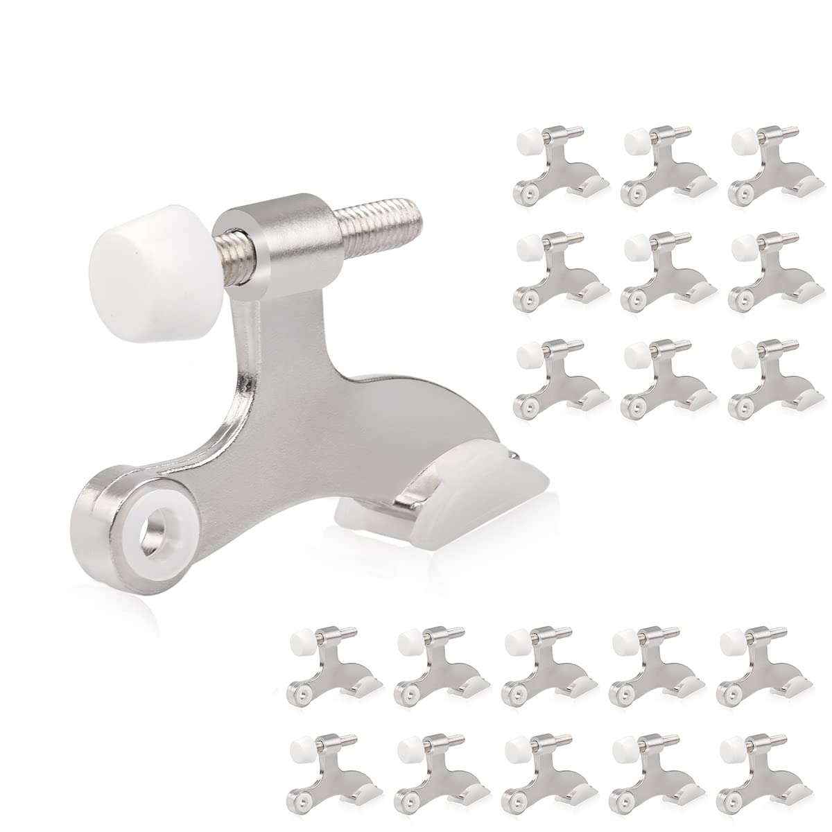 HOMOTEK 20 Pack Hinge Pin Door Stopper, Hinge Stops for Top of Door, Adjustable Deluxe Heavy Duty Door Stop 2-1/2x1-3/4 inch, with White Rubber Bumper Tips, Satin Nickel