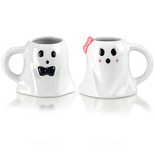Baderke 2 Pcs 12 oz Halloween Ghost Mugs Spooky Mr and Mrs Coffee Cups Boo Ceramic Gifts for Couple Him Her Bachelorette Wedding Party Favors