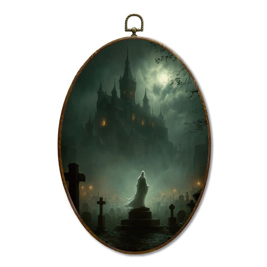 Vintage Ghost in Cemetery Oval Wall Art, Dark Academia Gothic Castle Graphic Decor for Living Room Bedroom, Spooky Moonlit Halloween Decoration, 8.5×11.5 Inch