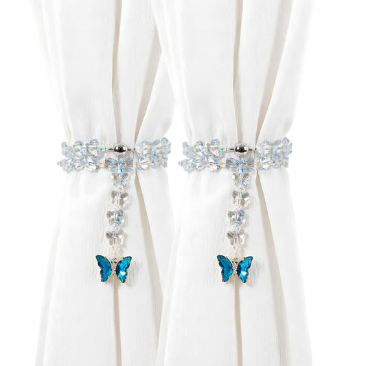Magnetic Curtain Tiebacks, 2 Pack Crystal Butterfly Beaded Pendants Draperies Holdbacks for Window Home Office Decor (Blue)