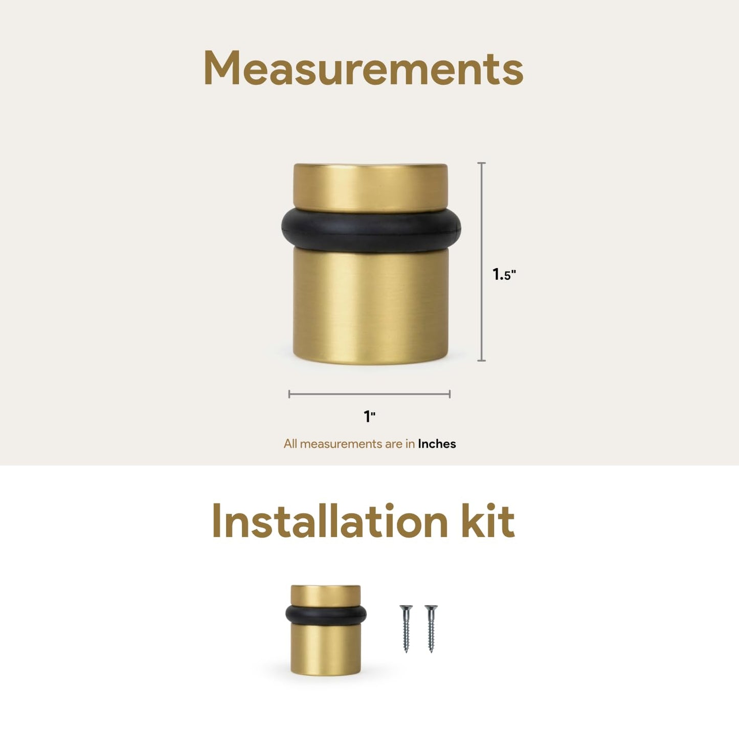 Floor Door Stopper Heavy Duty Solid Brass - Mega Handles Wall Protector from Door Knobs with Rubber Bumper, Mounting Hardware Included, for Hardwood Carpet Tile - Satin Brass - 1.5 Inch