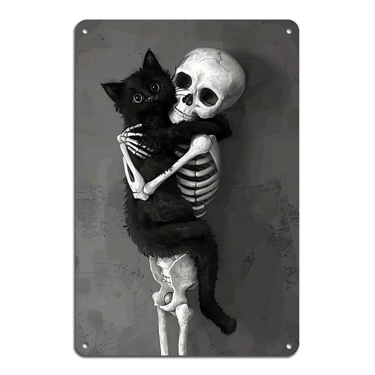 Funny Skeleton & Cat Metal Wall Art - Vintage Black & White Aluminum Tin Sign, Easy Install, for Home or Office Decor, 8x12 Inches