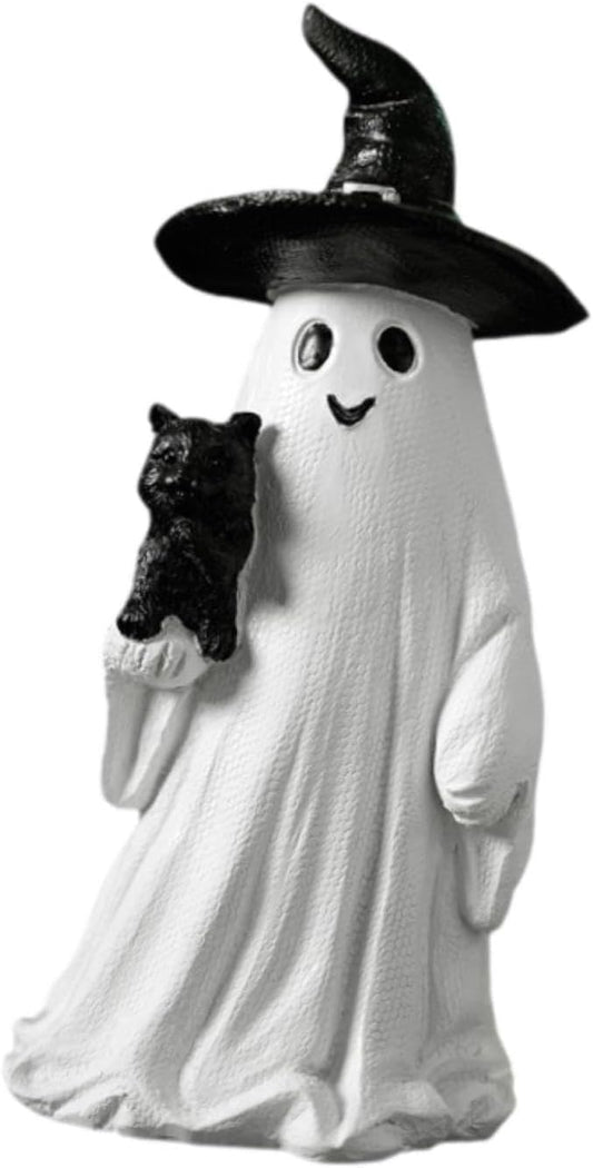 Garkria Resin Halloween Ghost Black Cat Figurine Miniature Ghost and Black Cat Statue Collectible Tabletop Ornaments for Halloween Home Party Decor - White