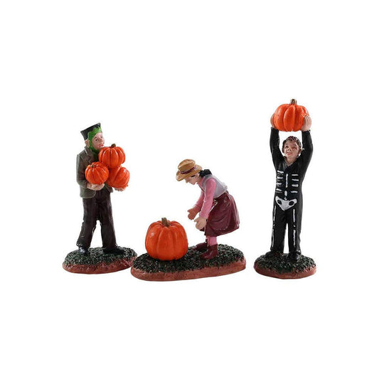 Lemax - Spooky Town Pumpkin Pickers - Set of 3 Whimsical Orange Halloween Collectible Figurines