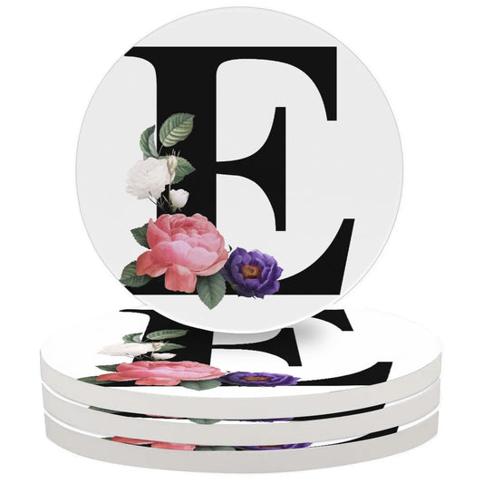 Letter E Coasters Set of 4 Absorbent Ceramic Coasters 4 Inches Round with Cork Base for Drinks Coffee Table Office Summer Outdoor Home Decor