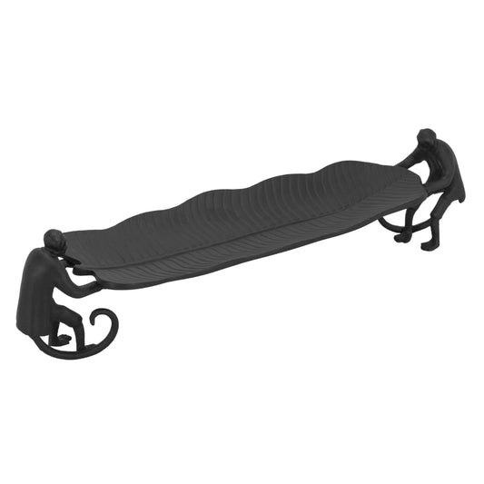 RAFFLES Butler Decorative Tray – Aluminum Vintage Leaf Dish with Monkey Sculptures – Handmade Entryway, Coffee Table Tray, Living Room, Home Decor - Matte Black Large 20”