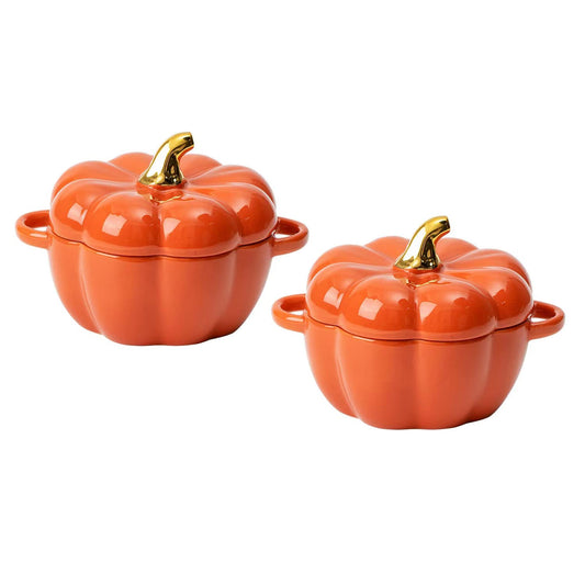 Pumpkin Bowl Set with Lid and Handle, Set of 2 Ceramic Ramekins for Baking, Casserole Dish Individual Severing Pot, Stoneware, Oven Safe, 14 Oz (Orange)