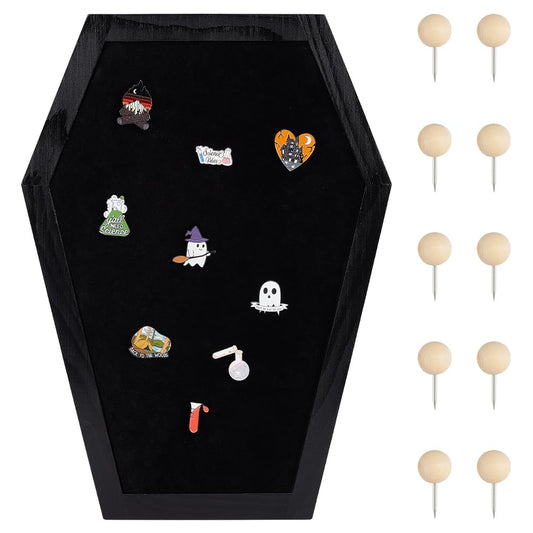 PH PandaHall Coffin Felt Bulletin Board 10.6x14.5 inch Coffin Pin Display Board Black Wooden Gothic Letter Boards with Drawing Pins for Home Office School Halloween Decor Spooky Bulletin Boards