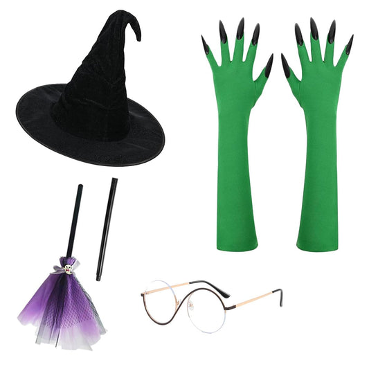 5 Pcs Adult Witch Costume Accessory Set, Elphaba Cosplay Kit with Black Witch Hat, Decorative Round Eye Frames, Witch Broom & Green Claw Gloves for Halloween Party Cosplay Stage Performance