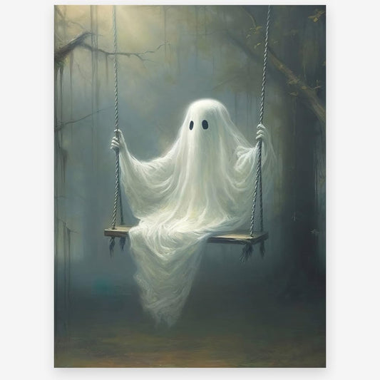 KTSIM Vintage Halloween Wall Art-Cute Ghost On The Swing Poster For Home Party Wall Decor-Fall Spooky Art Canvas Print Picture For Room Farmhouse Cottage Halloween Decor
