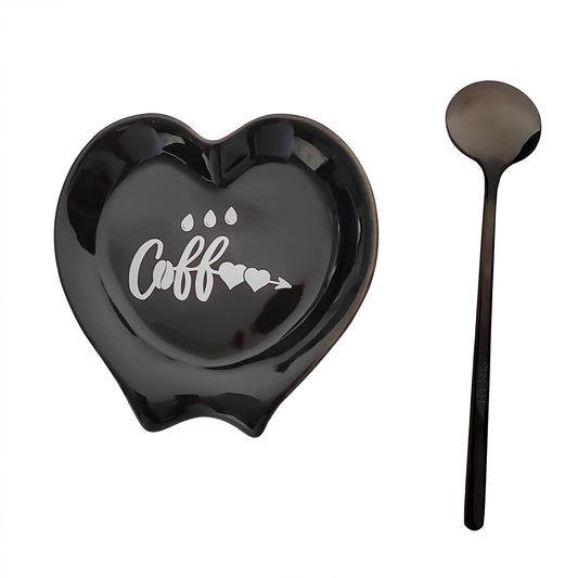 Ture Heart-shaped Ceramic Spoon Rest - Mini & Small, Holds Coffee & Teaspoons, Black