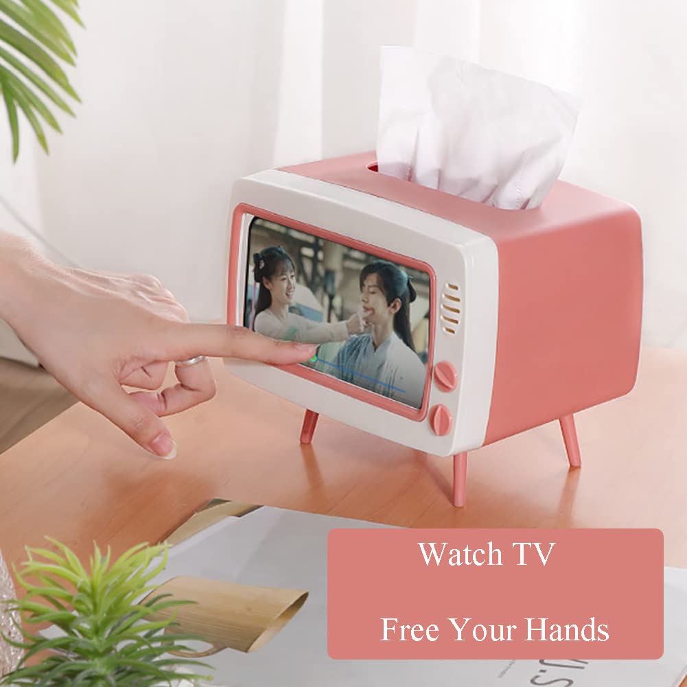 CQUUKOI Fun Cute TV Tissue Box Holder,Multi Functional Square Tissue Box Cell Phone Holder for All Smartphone Toilet Paper Napkin Box Desktop Decoration for Room Bathroom Kitchen Dining (Pink)