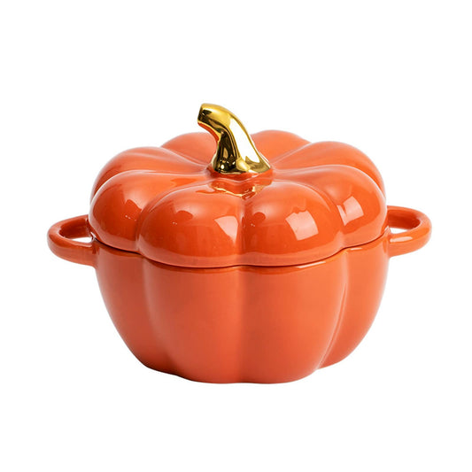 LIDSCURA 15 Oz Orange Ceramic Pumpkin Soup Bowl with Lid, for Halloween & Thanksgiving Soup Serving, Oven Safe Ceramic Stew Pot Pumpkin Shape Storage Jar, Double Ear Pumpkin Dessert Bowl for Tableware
