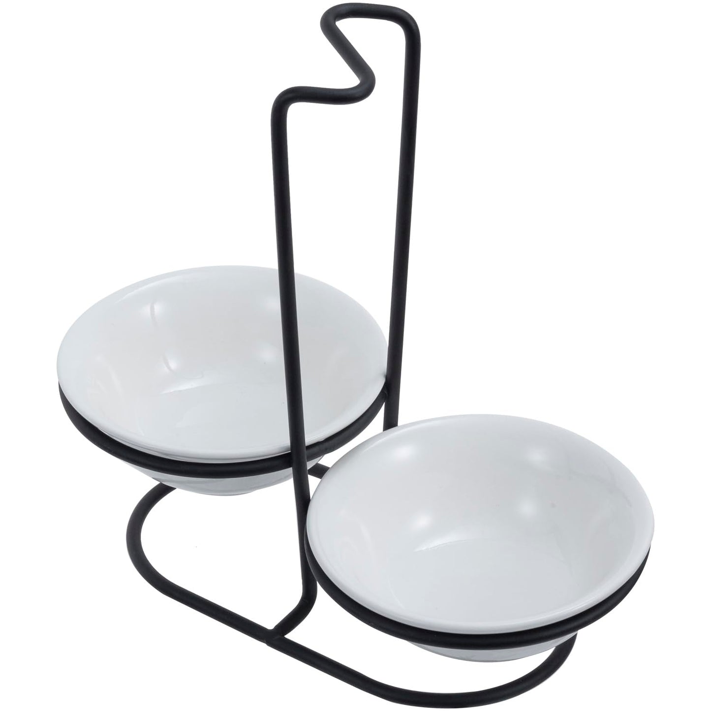MyGift Countertop Ceramic Spoon Rest with Matte Black Metal Stand, Upright Ladle Holder Rack with 2 Bowl Dish