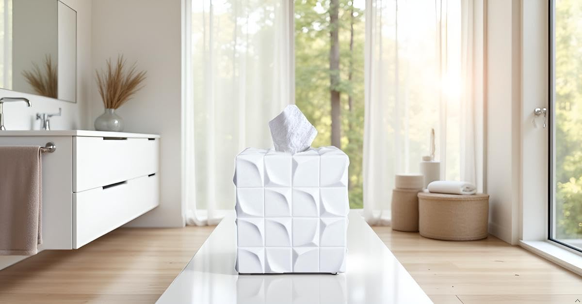 Huitony Square Tissue Box Cover Decorative Kleenex Box Holder for Bathroom & Living Room with Handcrafted Texture (White)