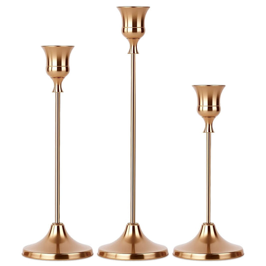 Set of 3 French Gold Tapered Candle Holder,Candlestick Tall Metal Candlestick Holders for Table Centerpiece Home Decor for Wedding Fireplace Mantel Housewarming Gift Fits 3/4 Inch Thick Candles