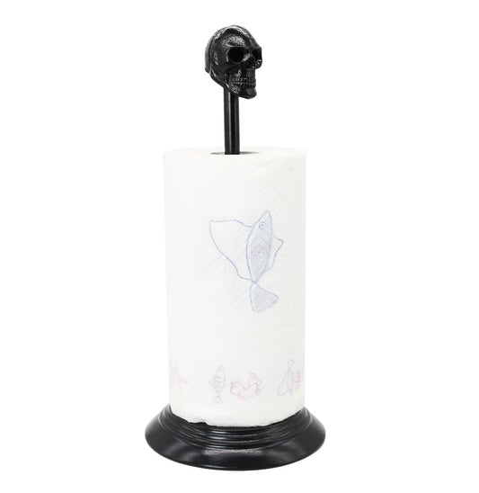 Owlgift Black Skull Paper Towel Holder – Gothic Cast Iron Head, Matte Iron Base, Dark Home & Halloween Kitchen Decor, 14.6” Tall