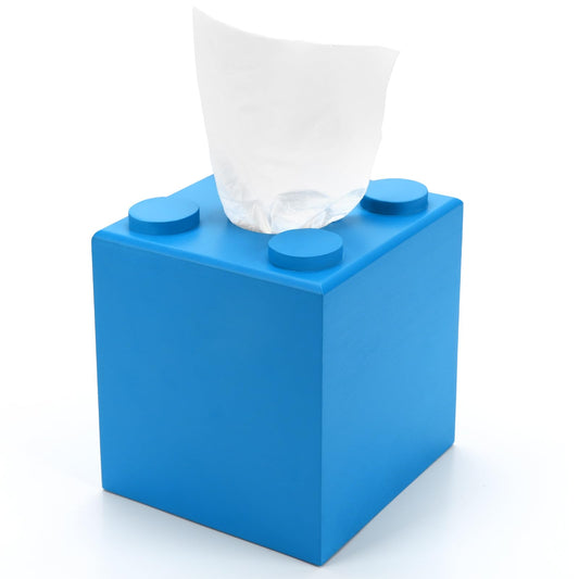 CypherX Wood Tissue Box Cover, Tissue Box Cover Square, Building Blocks Tissue Box Holder with Slide-Out Bottom, Cute Home Decor for Bathroom Living Room Office Kitchen (Blue, Small)