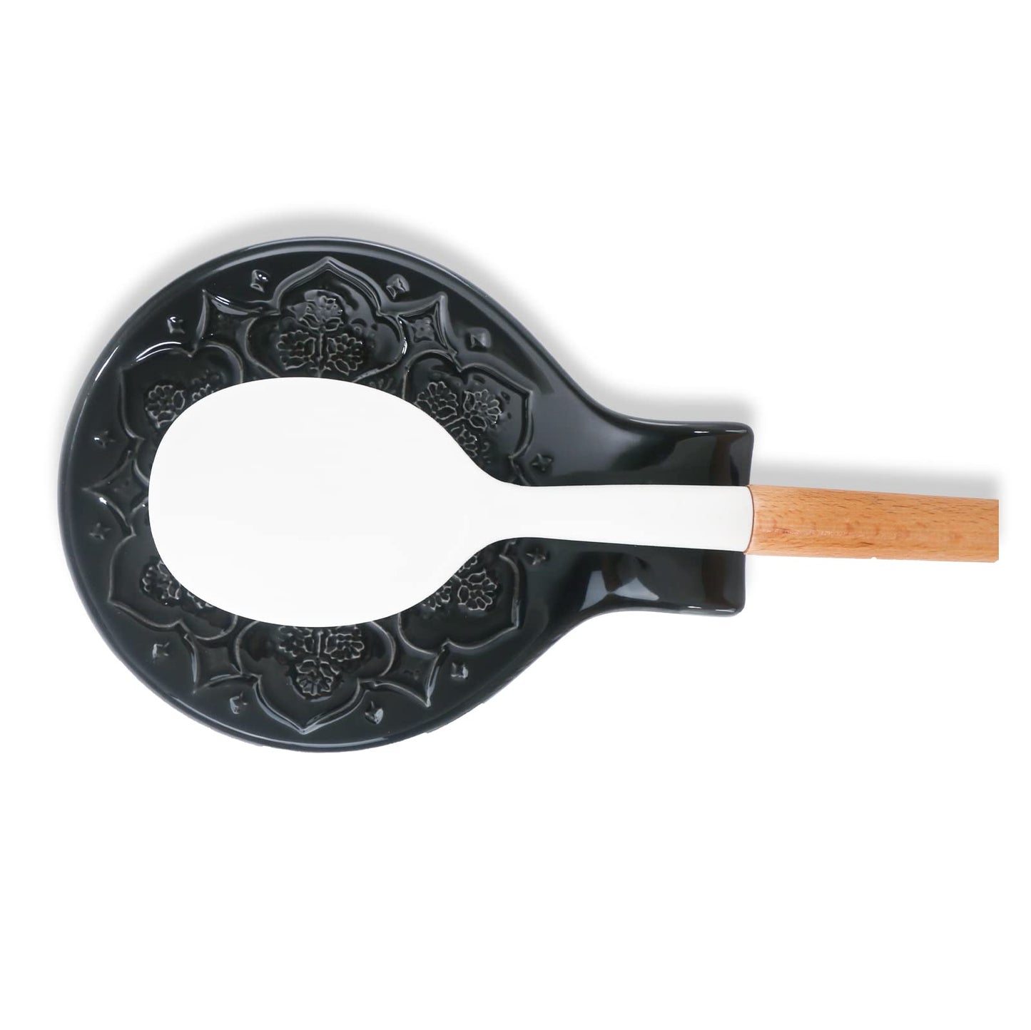 Ceramic Spoon Rest for Kitchen Counter and Stove Top - Farmhouse Style Ceramic Spoon Holder for Cooking & Counter Protection(Black)