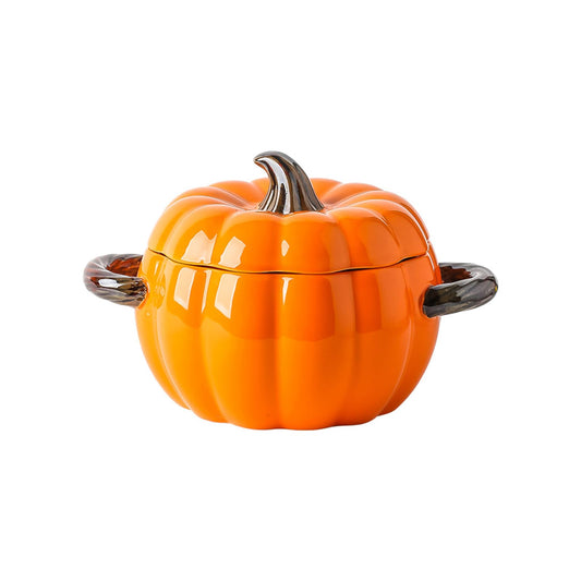 Dutch Pot with Lid, Pumpkin Shaped Ceramic Dessert Bowl, Cute Cushaw Bowl, Pumpkin Shaped Clay Pot Safe for Microwave and Dishwasher, Ideal Kitchen Decoration and Gift for Halloween (Orange)