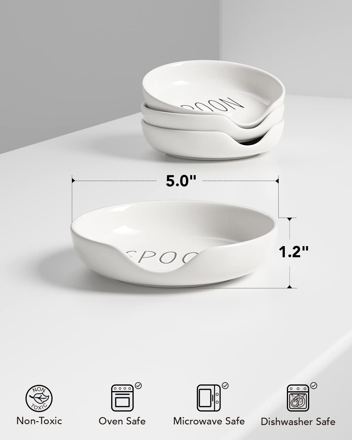 LE TAUCI Ceramic Spoon Rest for Stove Top, 5 Inch Spoon Holder for Kitchen Counter Set of 4, Kitchen Gadgets, Coffee Spoon Cradle, Home Accessories for Utensils, Dishwasher Safe, White