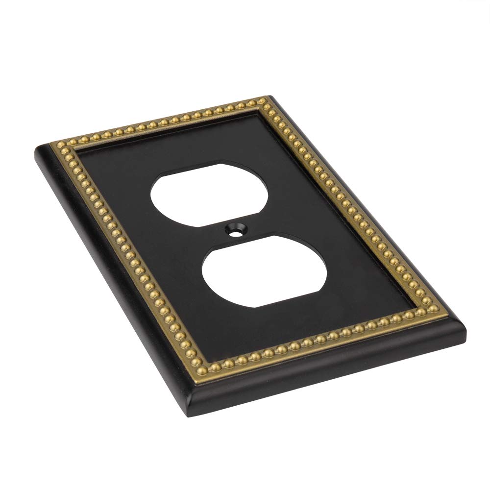 Pearled Frame Decorative Wall Plate Switch Plate Outlet Cover (Single Duplex 2PK, Black & Dark Golden)