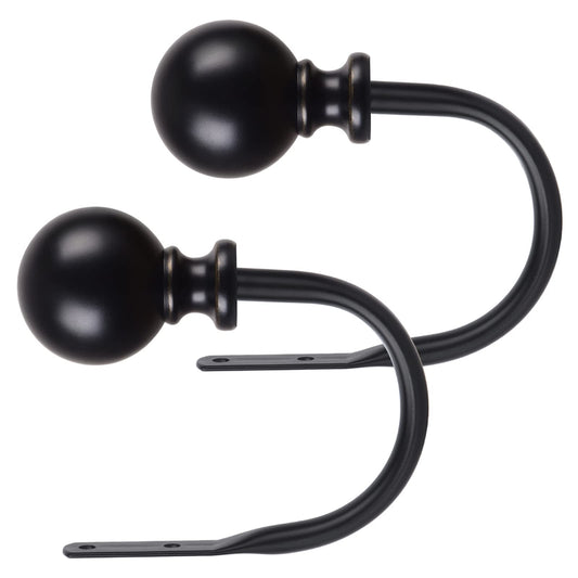 KAMANINA Curtain Holdbacks, Black Curtain Tiebacks Wall Mounted with Round Finials, Metal Curtain Pull Backs with Screws, Decorative Curtain Hooks for Drapes Bedroom (1 Pair/2 Pack, Small)