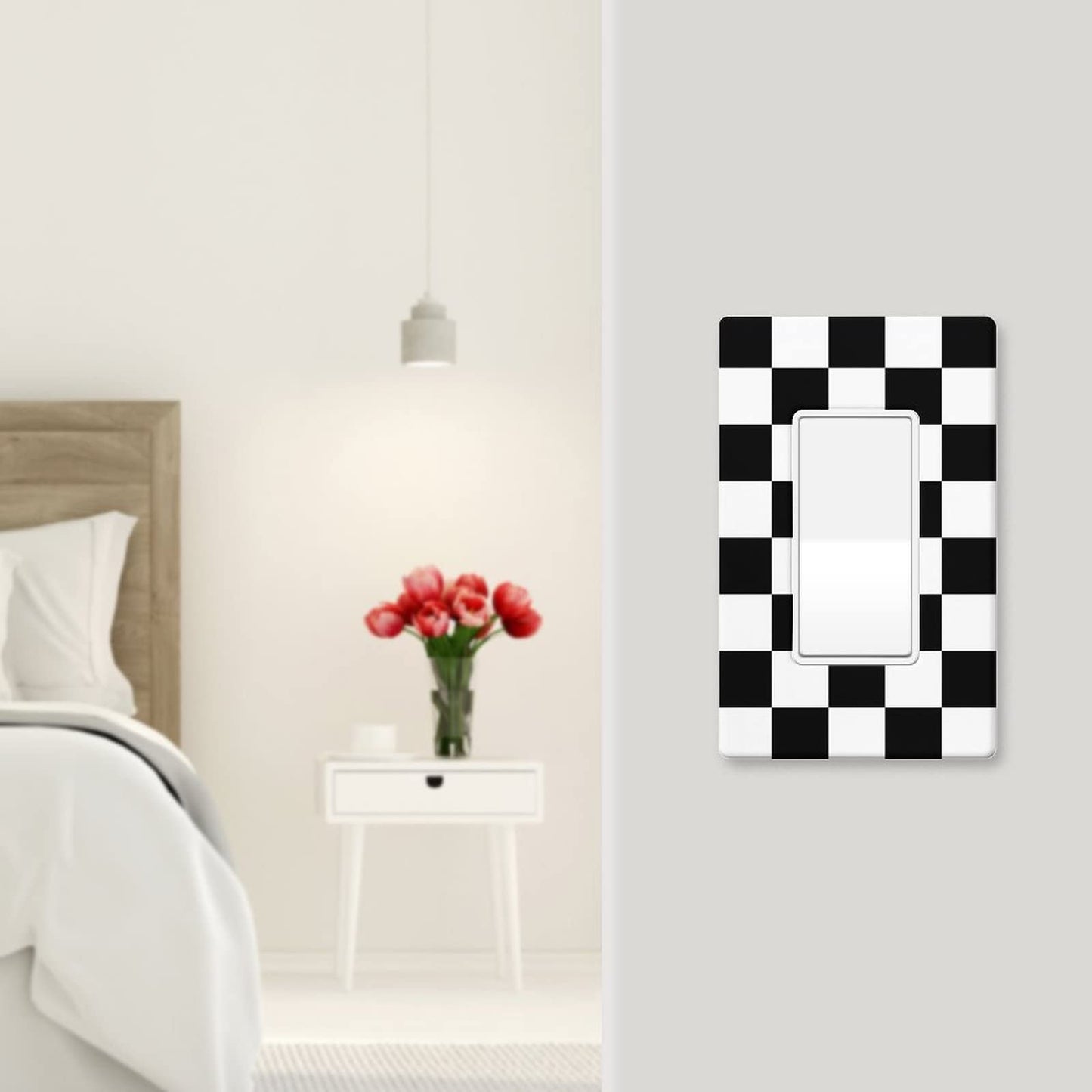 SEPTYK Black White Race Checkered Flag Pattern Light Switch Wall Plate Faceplate Cover Single Rocker 1 Gang Decorator Outlet Receptacle Covers for Home Kitchen Room Bathroom Decor
