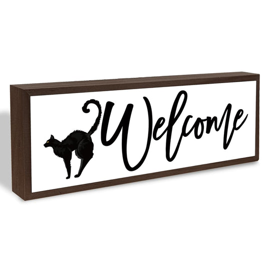 Welcome Wood Home Decor Signs, Welcome Black Cat Wood Plaque, Home Tabletop Desk Decorative Sign, Halloween Sign, Hanging Decorative Wooden Plaque 9.5x3.1 Inches(A29)