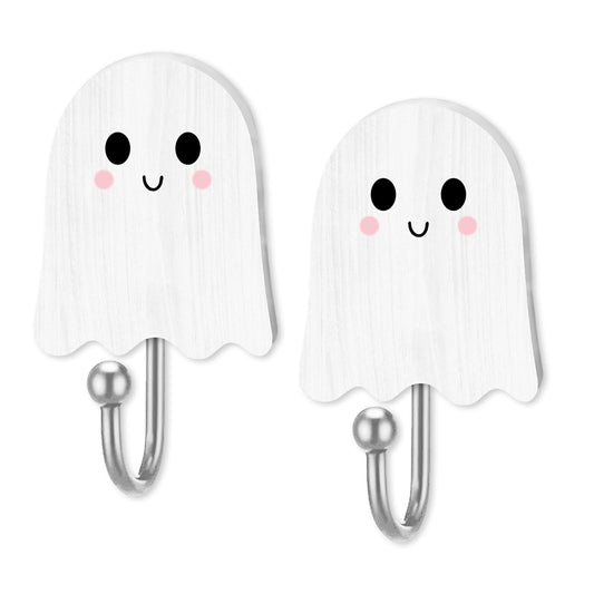 Whaline 6Pcs Halloween Ghost Hooks Cute Ghost Wood Coat Hook Decorative Towel Hanger Wall Mounted for Home Bathroom Bedroom Kitchen Entryway Decor