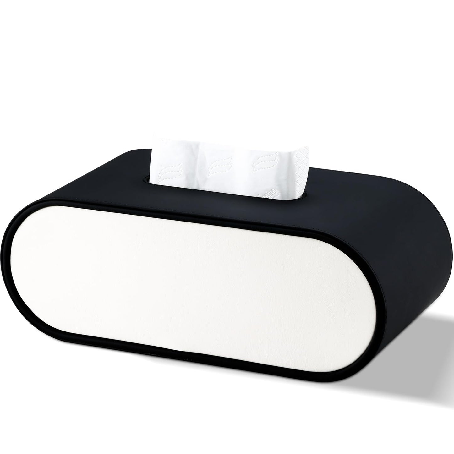 Tissue Box Cover,Black White Accents Oval Leather Tissue Box Holder,Decorative Tissue Cover for Bathroom Toilet Bedroom Living Room Table Desk Office