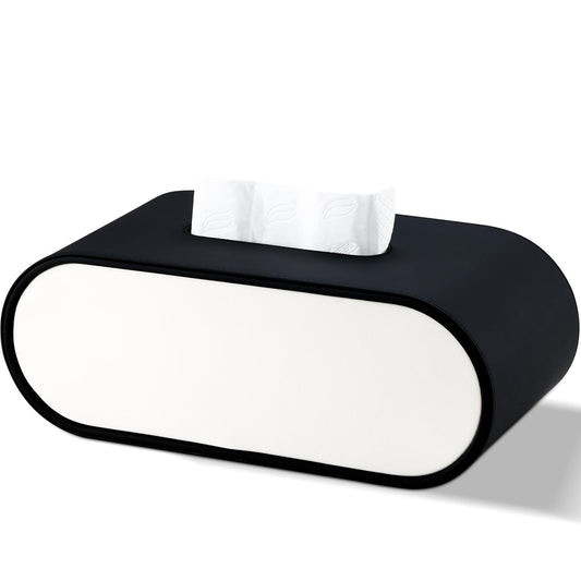 Tissue Box Cover,Black White Accents Oval Leather Tissue Box Holder,Decorative Tissue Cover for Bathroom Toilet Bedroom Living Room Table Desk Office