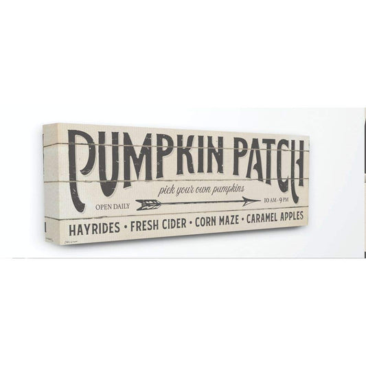 Stupell Industries Pumpkin Patch Fall Halloween Holiday Word Wood Texture Design Canvas Wall Art, 10 x 24, Multi-Color