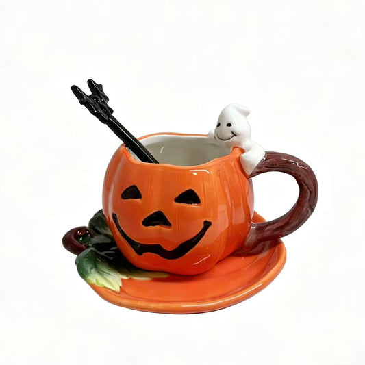 Minigift Ceramic Tea Cup and Saucer Set ，6oz 3D Hand-painted Pumpkin and White Ghost Coffee Mug ，Halloween Home Decoration，Gift