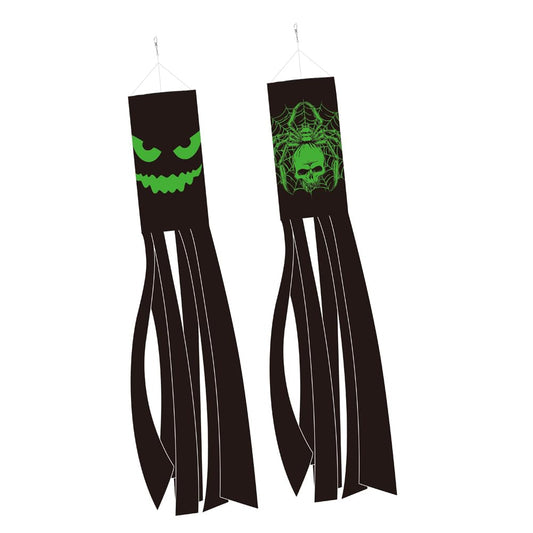 Luminous Halloween Windsock Flag,2 Pcs Black Happy Halloween Skull Spider Evil Face Outdoor Hanging Decoration Fluorescent Holiday Windsocks for Garden Patio Lawn Front Yard Tree Party Decor