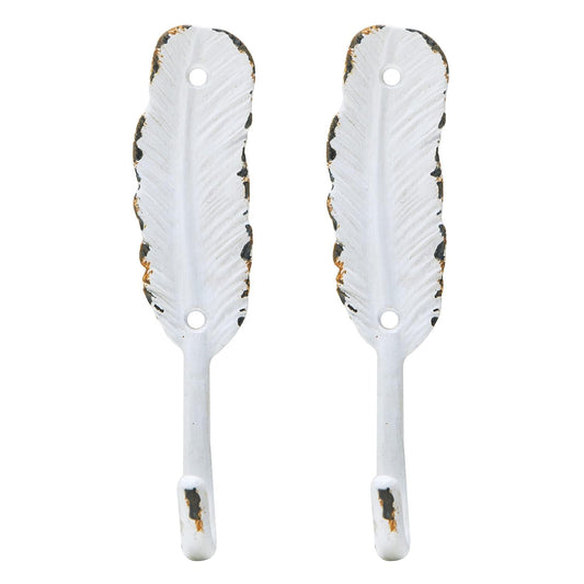 SOFFEE DESIGN Set of 2 Vintage Feather Wall Metal Coat Hooks, Heavy Duty White Hangger Hooks, Decorative Rack Hooks for Hanging Scarf, Bag, Towel, Key, Cap