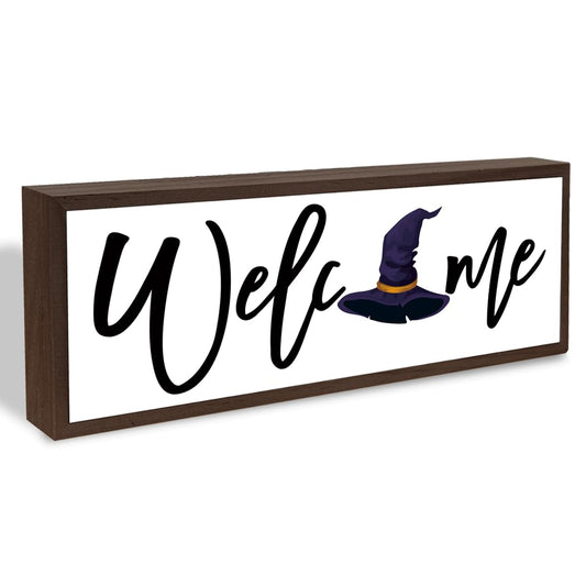 Welcome Wood Home Decor Signs, Welcome Witches Hat Wood Plaque, Home Tabletop Desk Decorative Sign, Halloween Sign, Hanging Decorative Wooden Plaque 9.5x3.1 Inches(A30)
