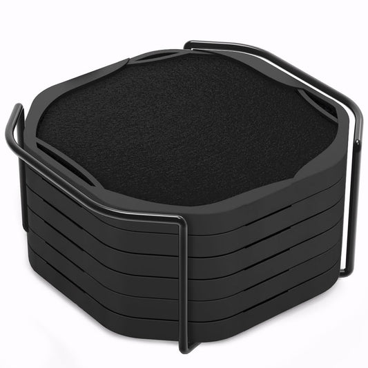UMIRRO Black Octagon 4" Felt & Silicone Drink Cup Coasters Set of 6 with Holder - Super Absorbent, Built-in Leak Protection, Non-Stick, Modern Coasters for Coffee Table, Desk & Home Decor