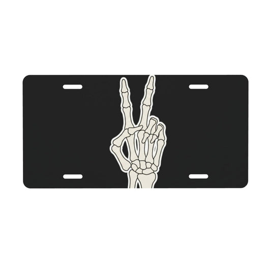Skeleton Front License Plate Decorative Metal Car Tag Peace Sign Pattern Aluminum Vanity Plate for Vehicle Truck SUV No Drilling Required Easy Install Four Holes Standard 6x12 Inch Gothic Hand